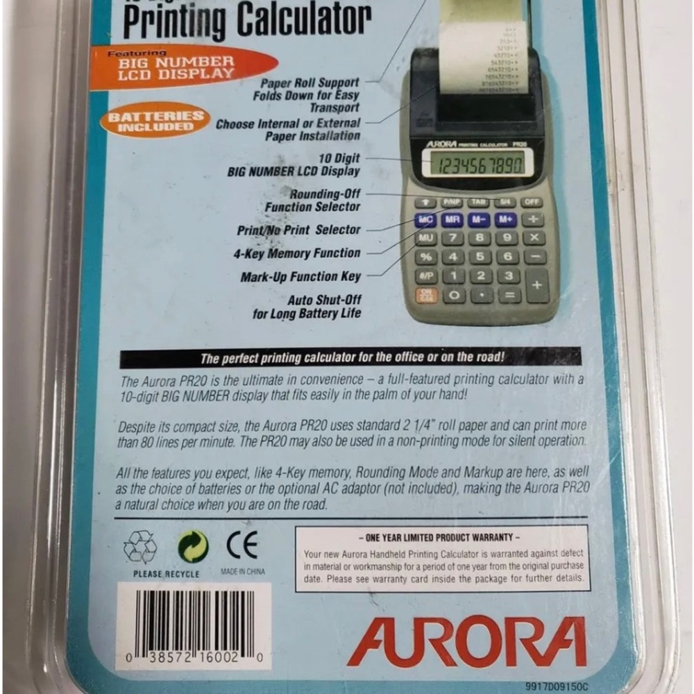 Aurora Printing Calculator PR20 Battery Power Only Pre-Owned